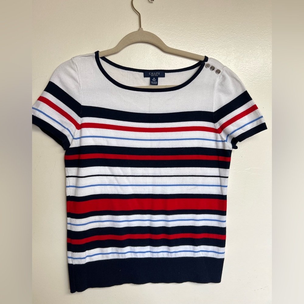 Chaps Navy, White & Red Striped Short Sleeve Top with Shoulder Buttons